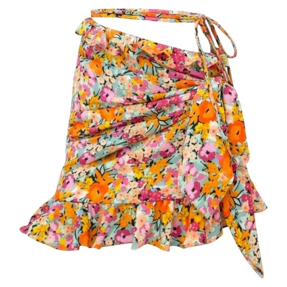 For Love & Lemons Kira Floral Wrap Ruffle Mini Skirt Multi Resort Party M - Picture 9 of 11